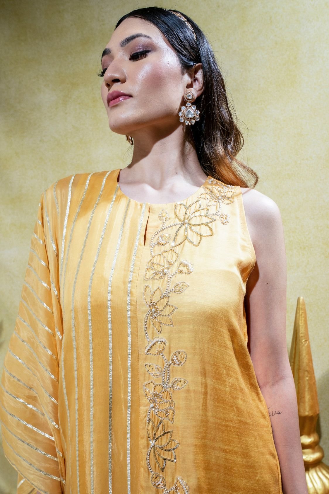 Muted Yellow Asymmetric Embriodered Kurta and Pant - Image 8