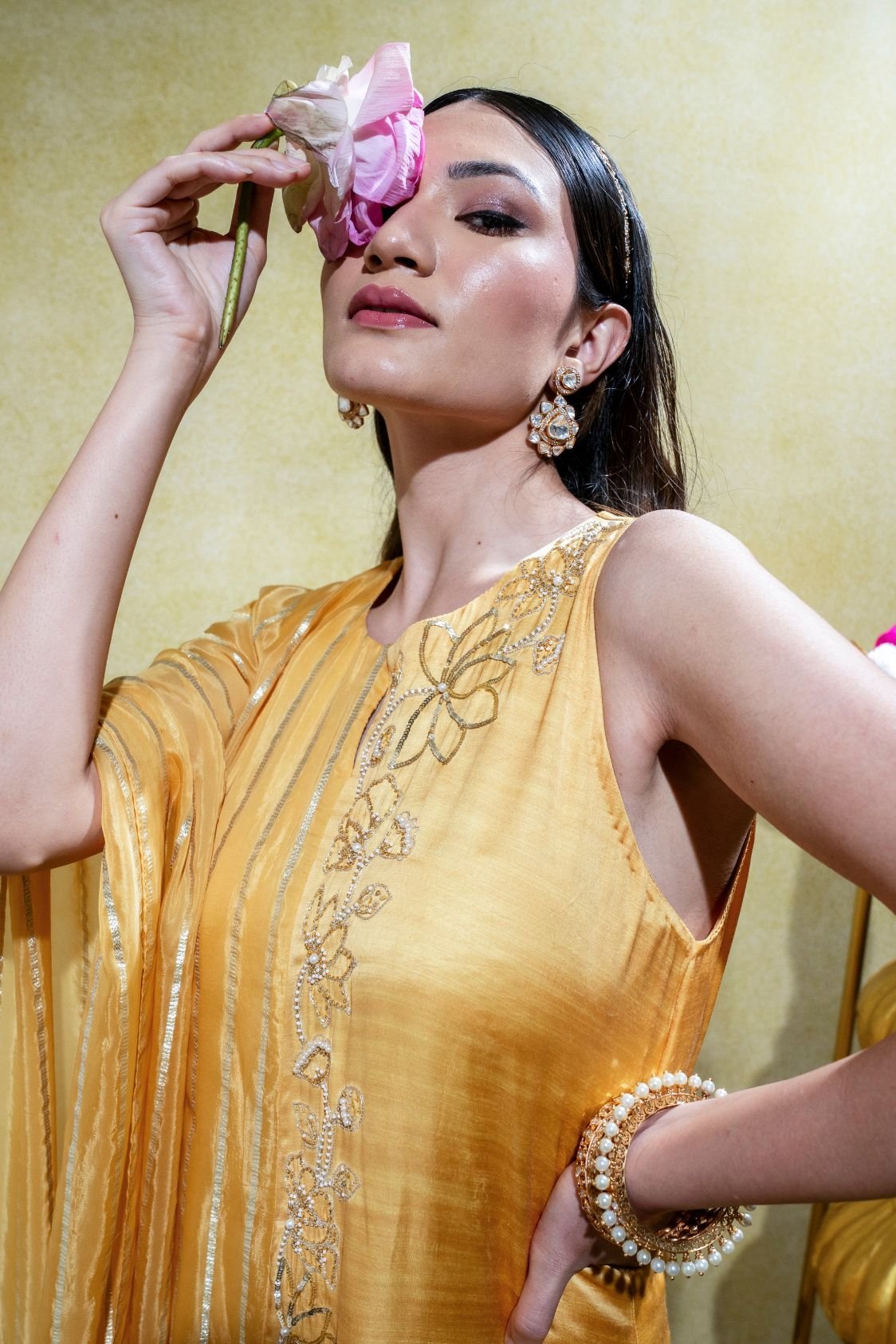 Muted Yellow Asymmetric Embriodered Kurta and Pant - Image 7