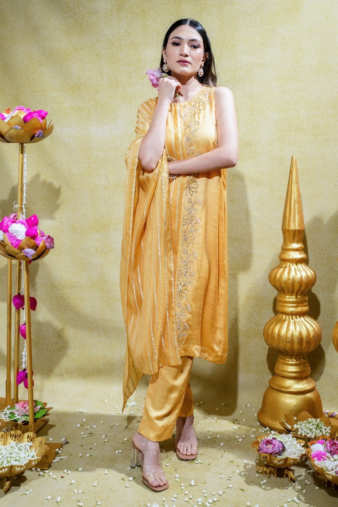 Muted Yellow Asymmetric Embriodered Kurta and Pant - Image 6