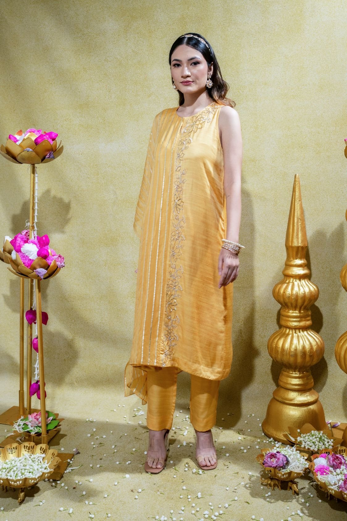 Muted Yellow Asymmetric Embriodered Kurta and Pant - Image 5