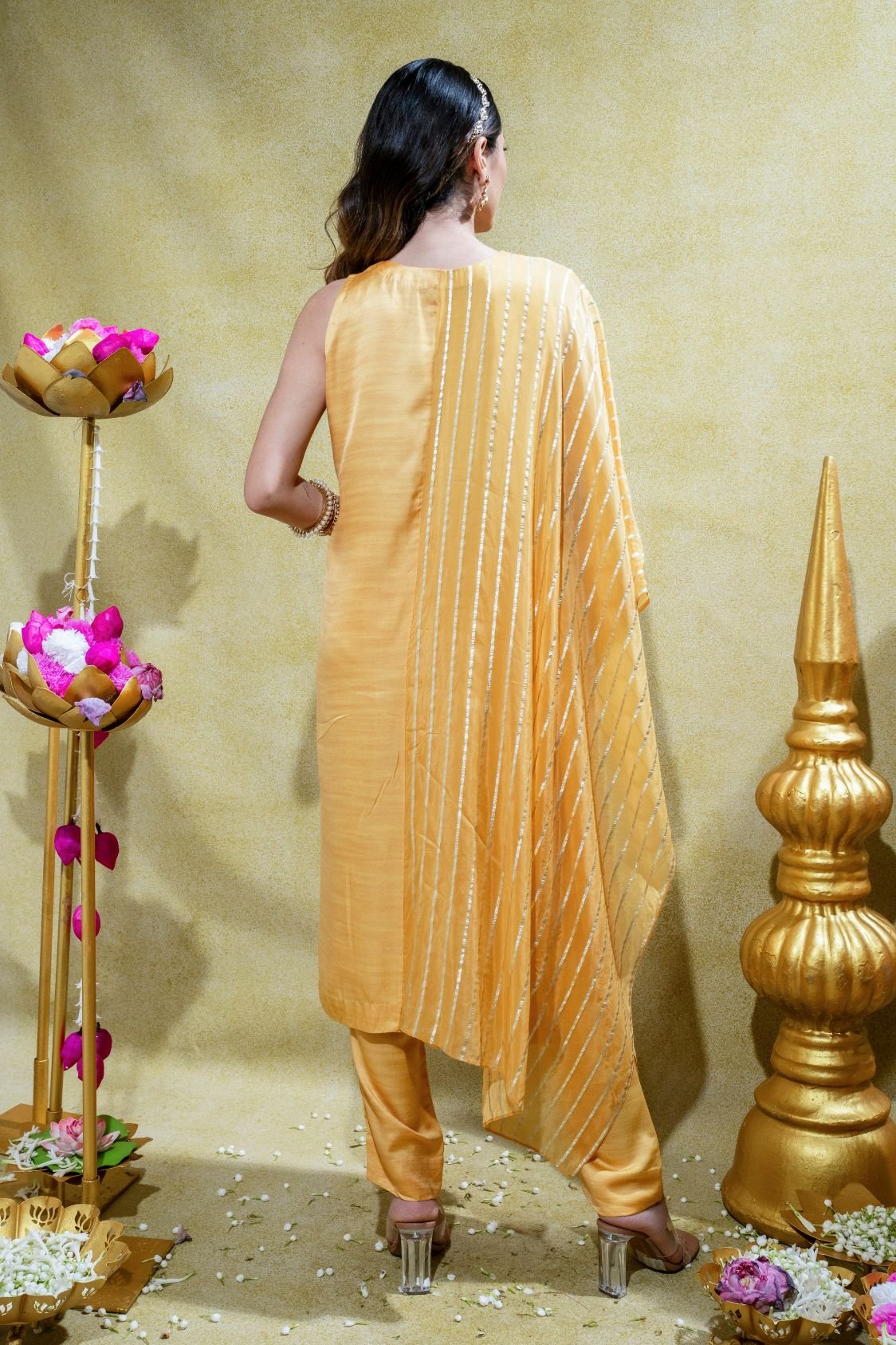 Muted Yellow Asymmetric Embriodered Kurta and Pant - Image 3