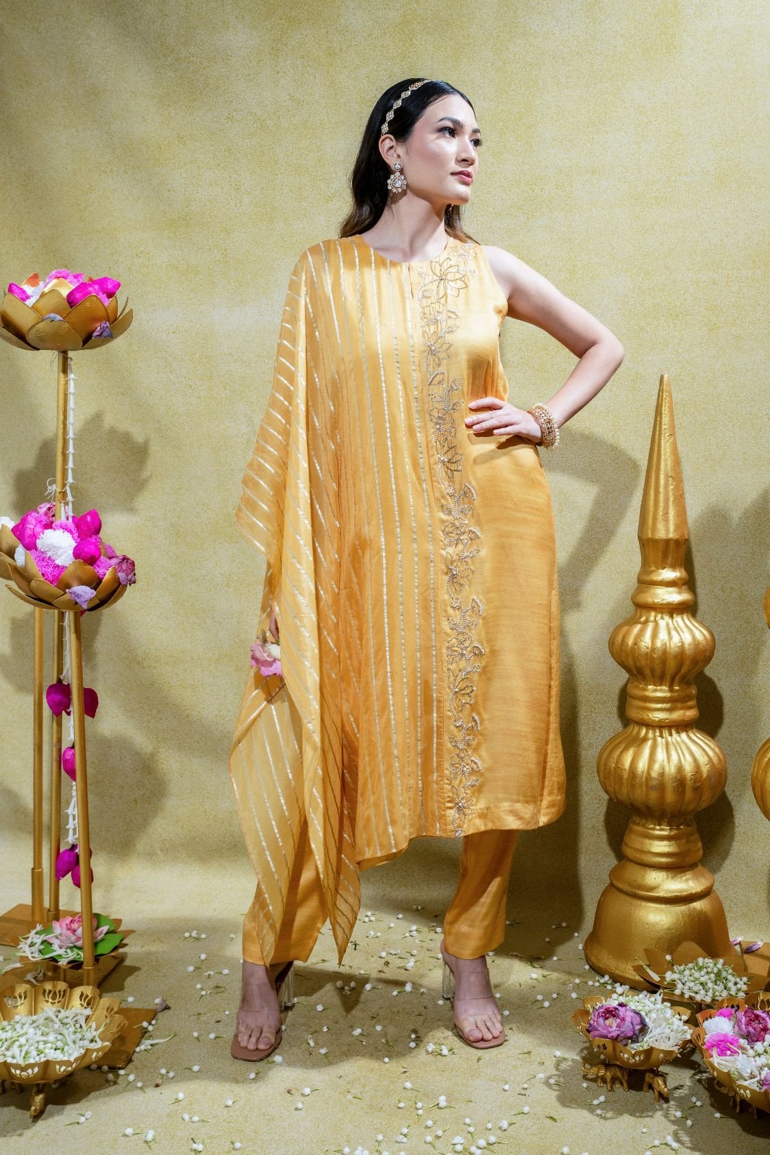 Muted Yellow Asymmetric Embriodered Kurta and Pant - Image 2