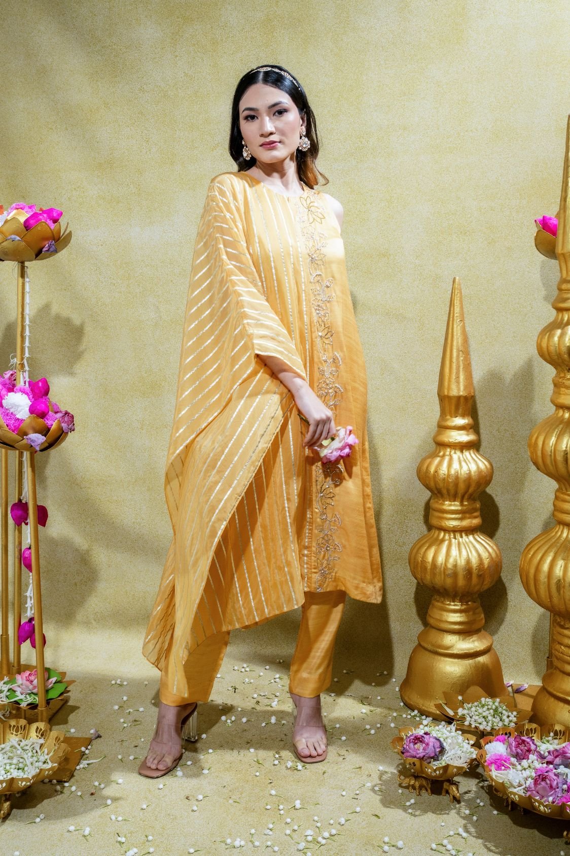 Muted Yellow Asymmetric Embriodered Kurta and Pant