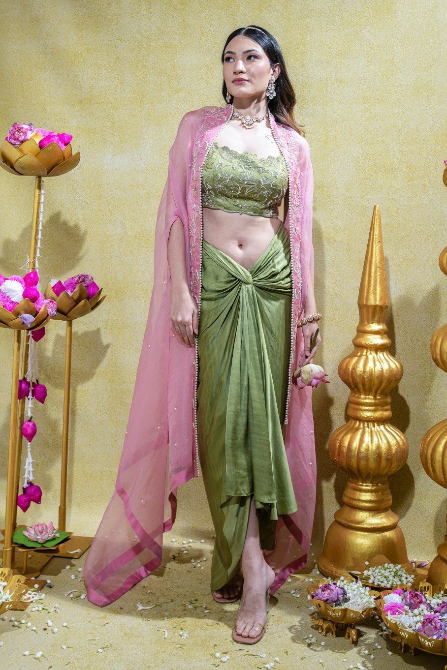 Olive Embroidered Bralette, Draped Skirt & Organza Cape - Image 4