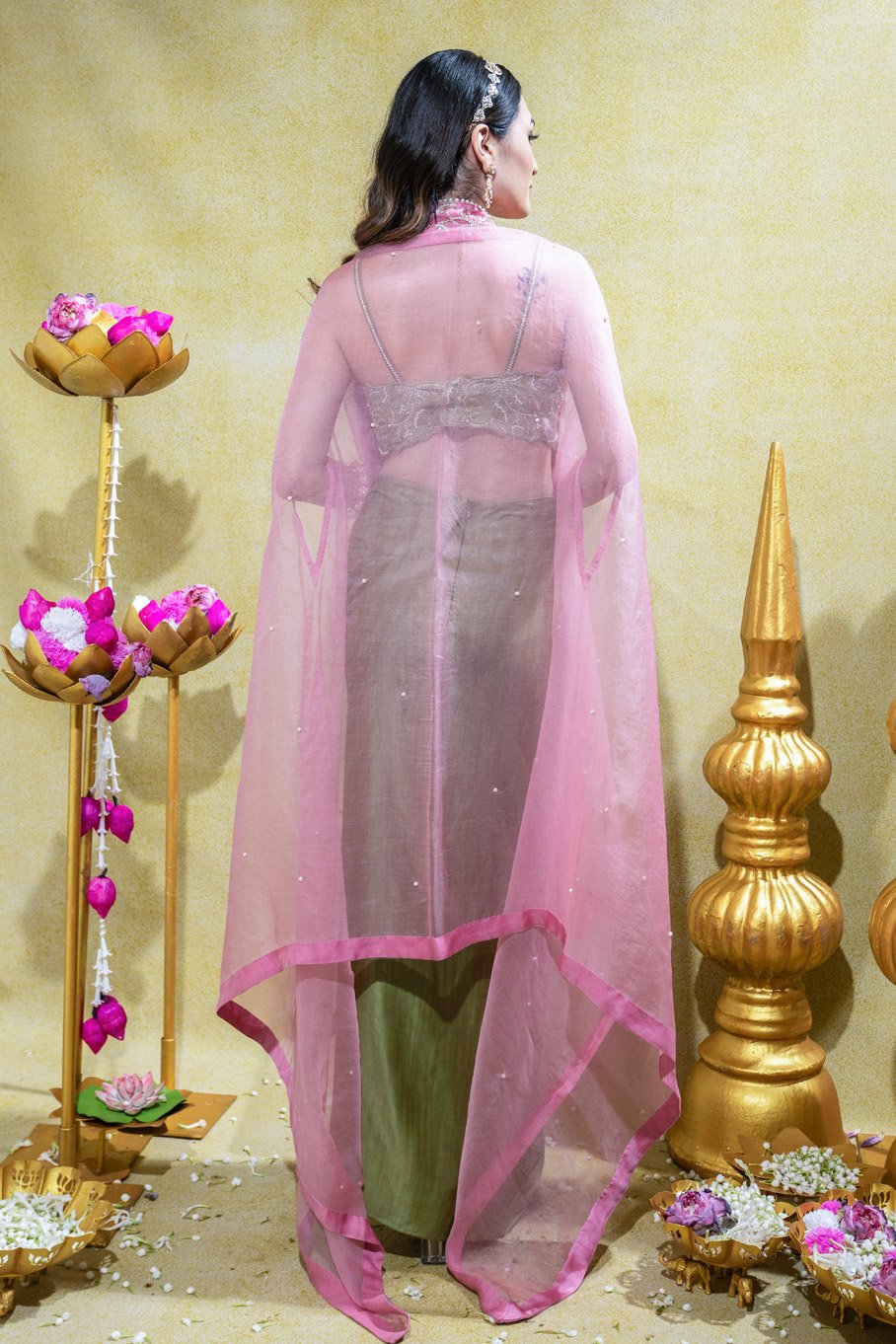 Olive Embroidered Bralette, Draped Skirt & Organza Cape - Image 3