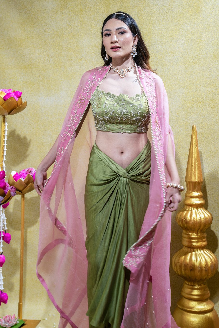 Olive Embroidered Bralette, Draped Skirt & Organza Cape - Image 2