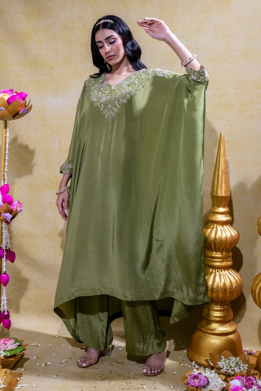 Olive Asymmetric Embriodered Kurta and Pant - Image 5