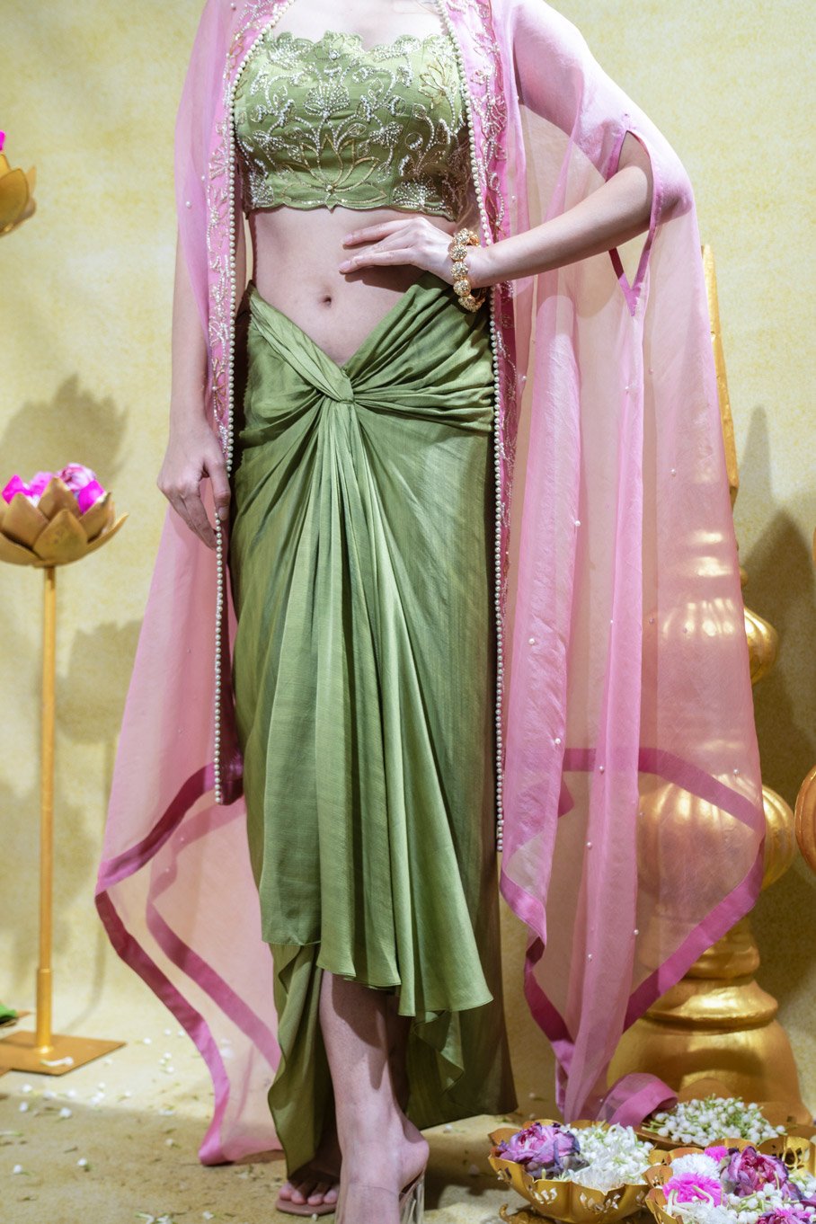 Olive Embroidered Bralette, Draped Skirt & Organza Cape - Image 5