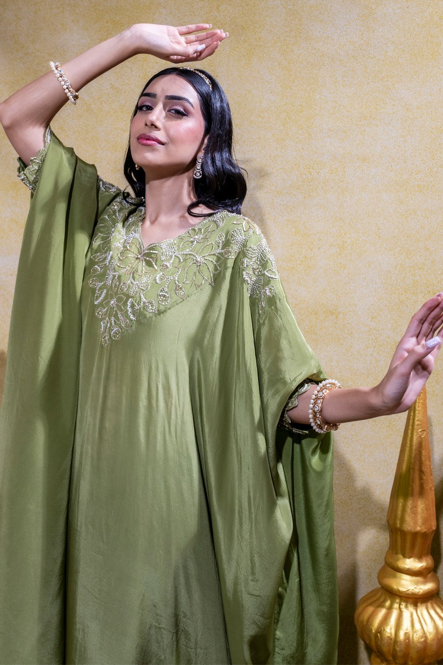 Olive Asymmetric Embriodered Kurta and Pant - Image 3