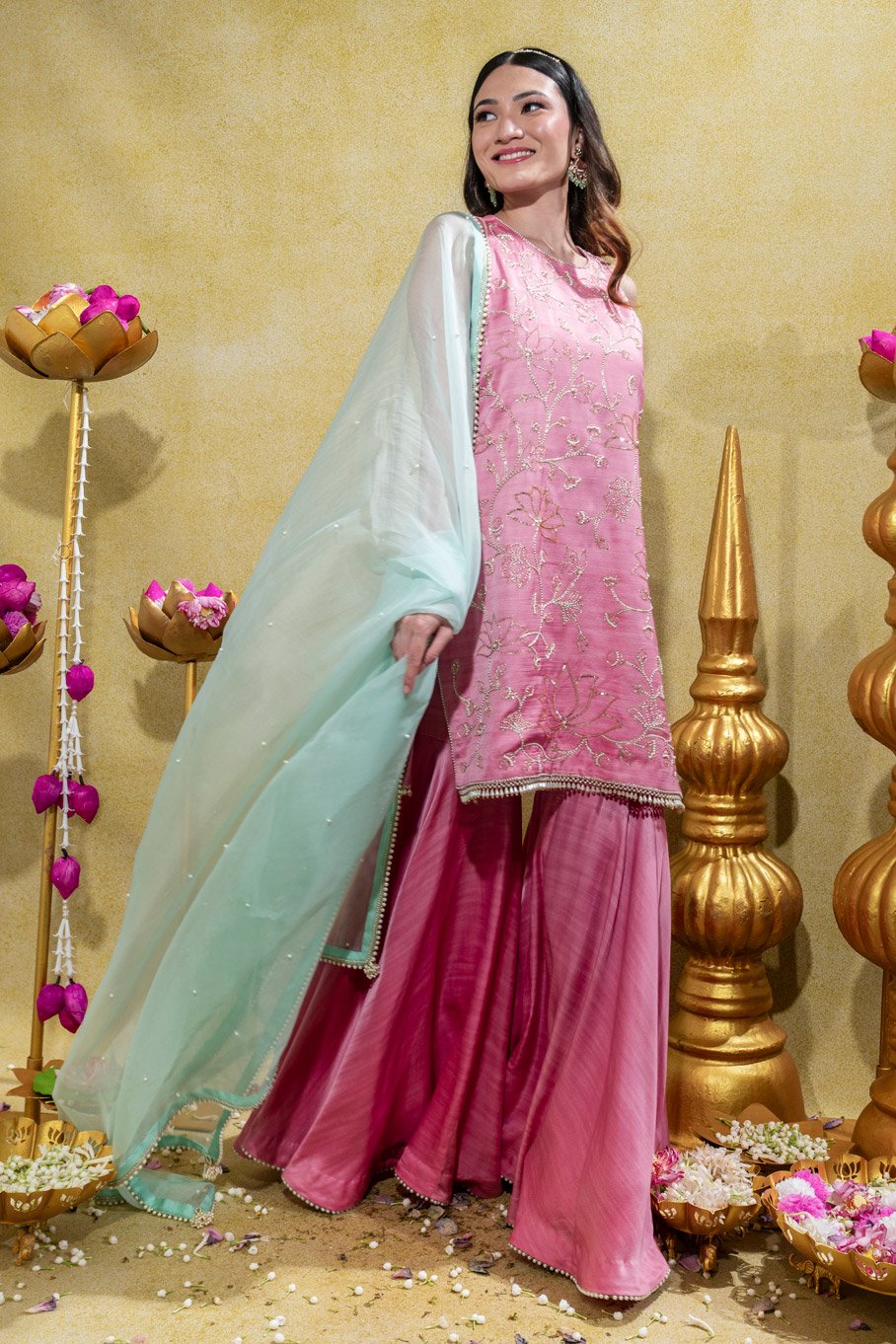 Soft Pink Embroidered Kurti, Gharara Pant And Aqua Embroidered Silk Organza Dupata - Image 5