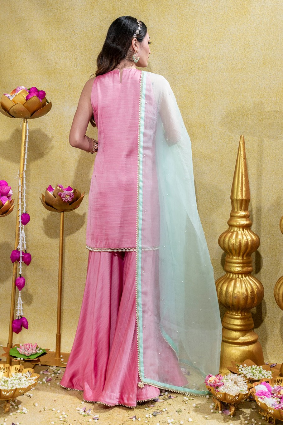 Soft Pink Embroidered Kurti, Gharara Pant And Aqua Embroidered Silk Organza Dupata - Image 4