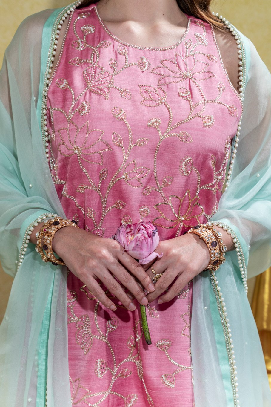 Soft Pink Embroidered Kurti, Gharara Pant And Aqua Embroidered Silk Organza Dupata - Image 7