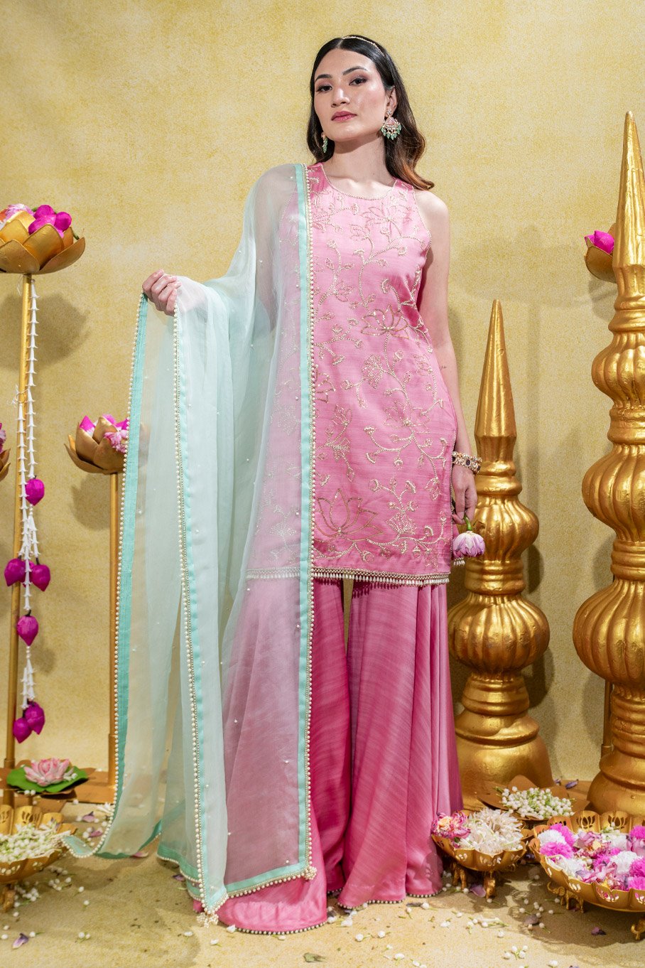 Soft Pink Embroidered Kurti, Gharara Pant And Aqua Embroidered Silk Organza Dupata - Image 6