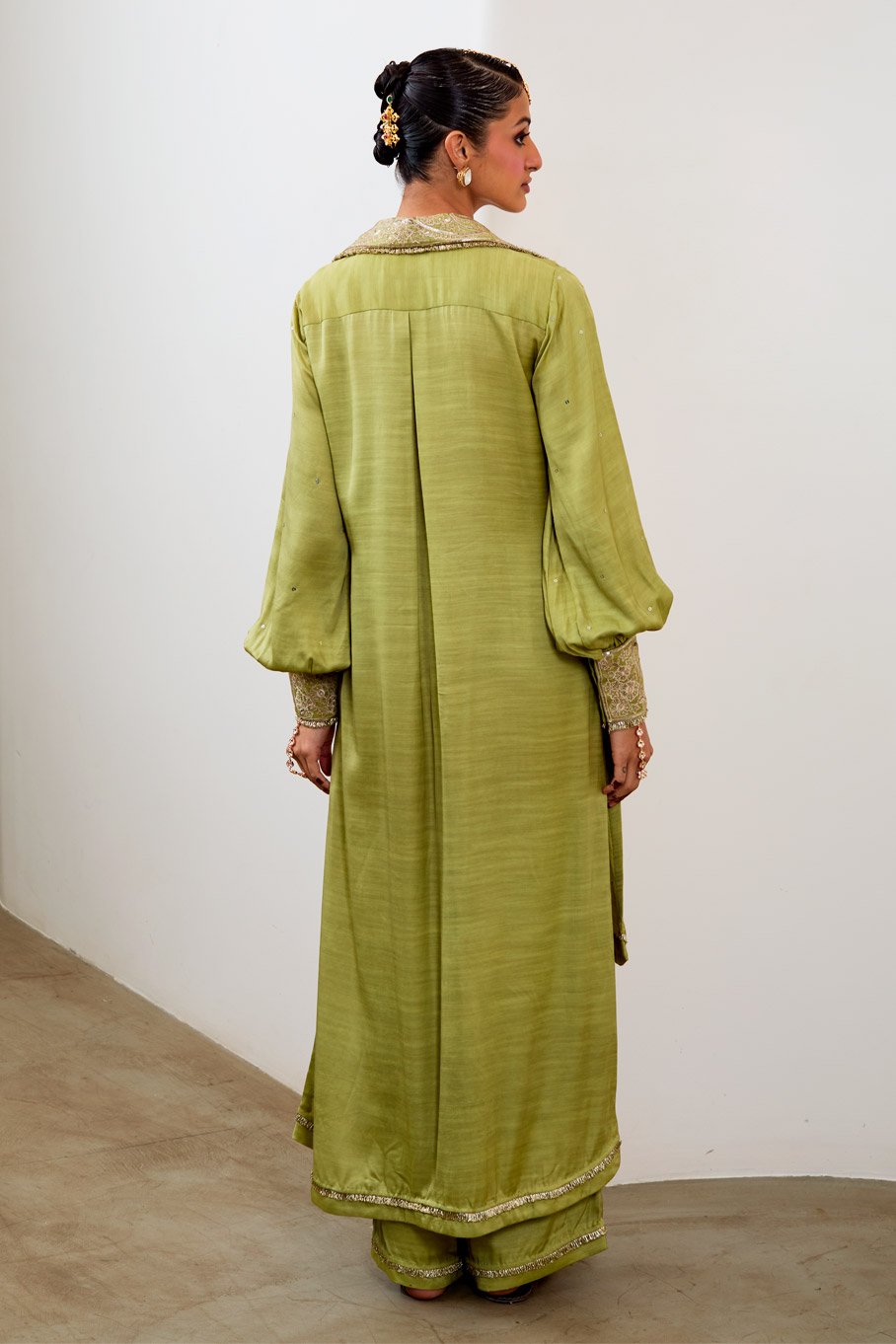 Pista Silk Embroidered High-Low Kurta & Pant - Image 2