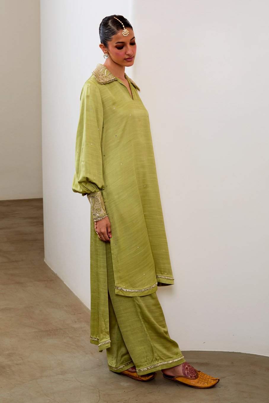 Pista Silk Embroidered High-Low Kurta & Pant - Image 7