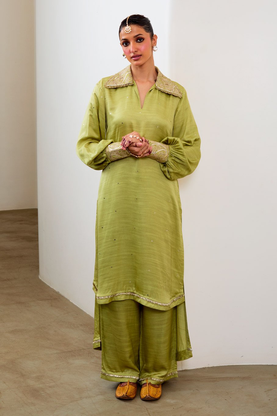 Pista Silk Embroidered High-Low Kurta & Pant - Image 3