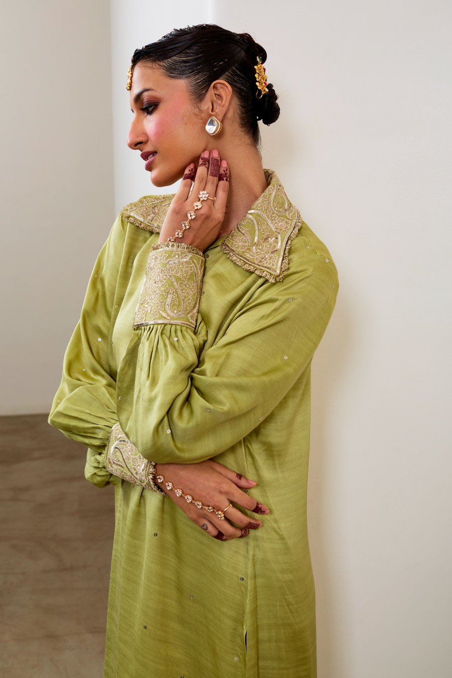 Pista Silk Embroidered High-Low Kurta & Pant - Image 5