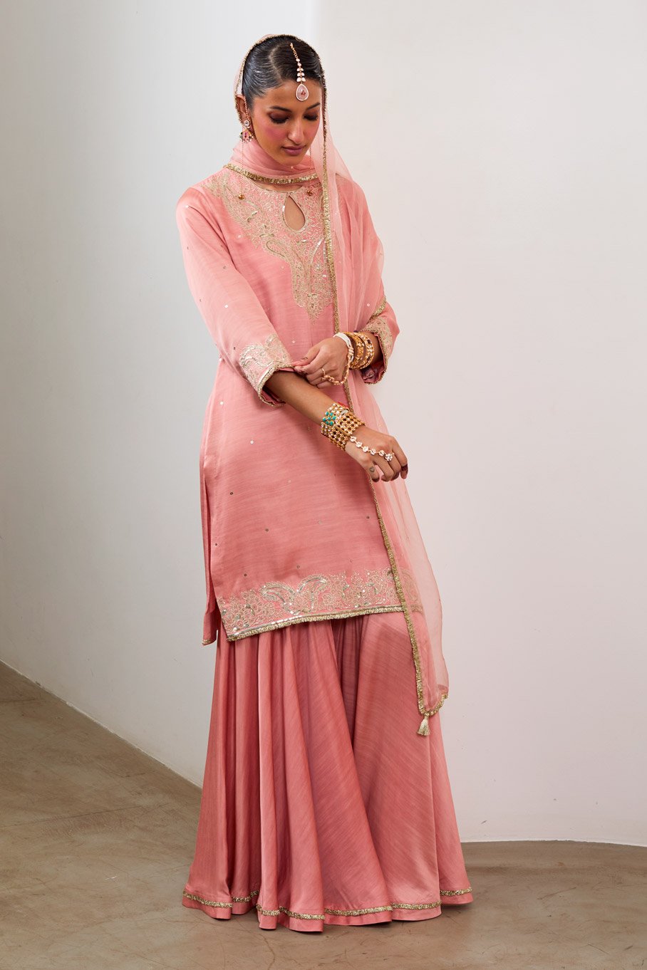 Peach Silk Embroidered Short kurti & Garara Pant with Pure Organza Badla Dupatta - Image 4