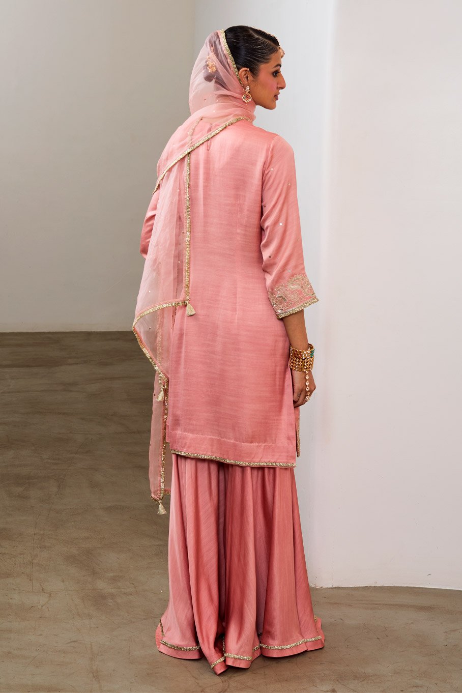 Peach Silk Embroidered Short kurti & Garara Pant with Pure Organza Badla Dupatta - Image 2