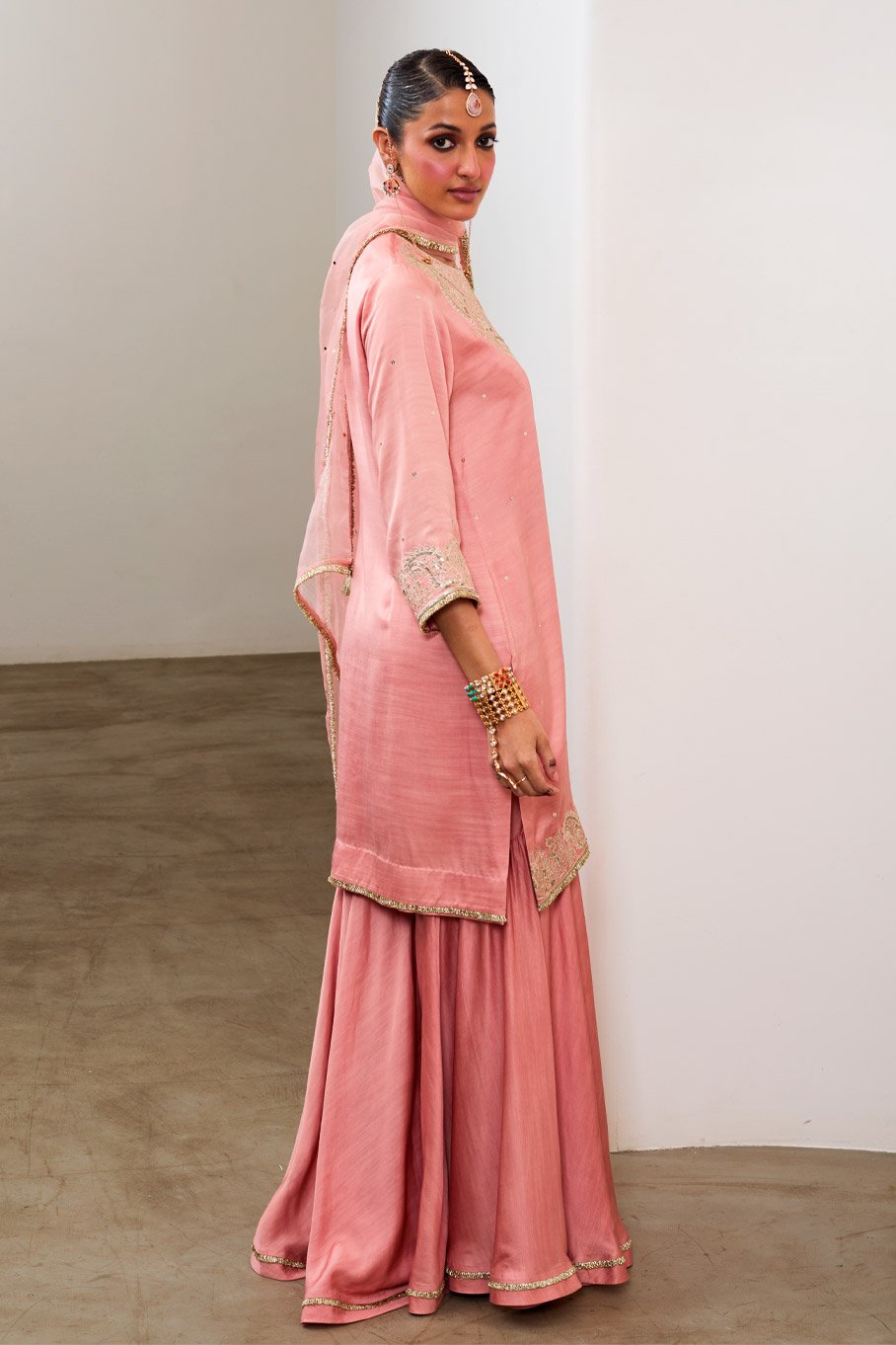 Peach Silk Embroidered Short kurti & Garara Pant with Pure Organza Badla Dupatta - Image 9