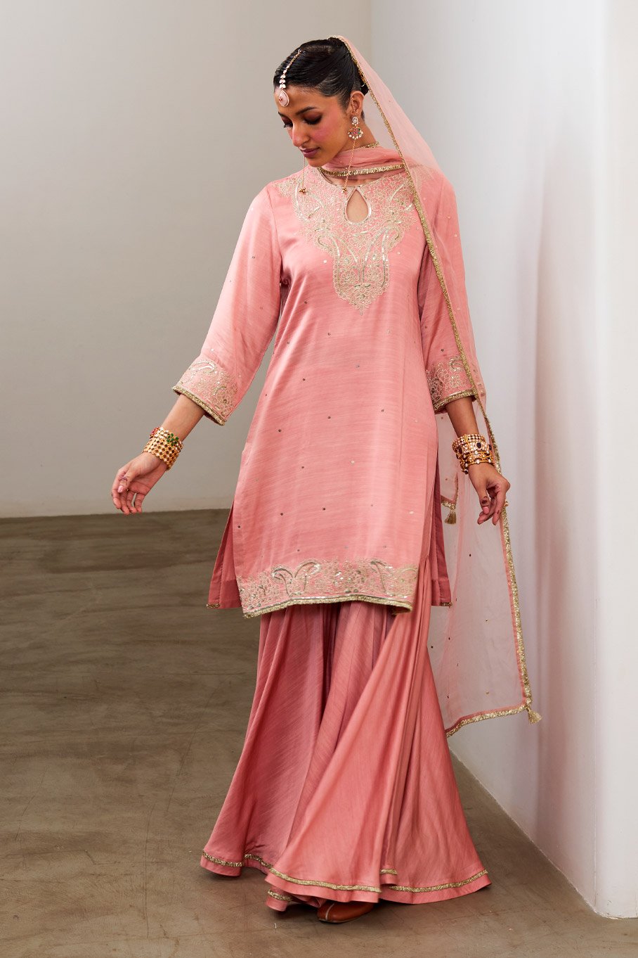 Peach Silk Embroidered Short kurti & Garara Pant with Pure Organza Badla Dupatta - Image 8