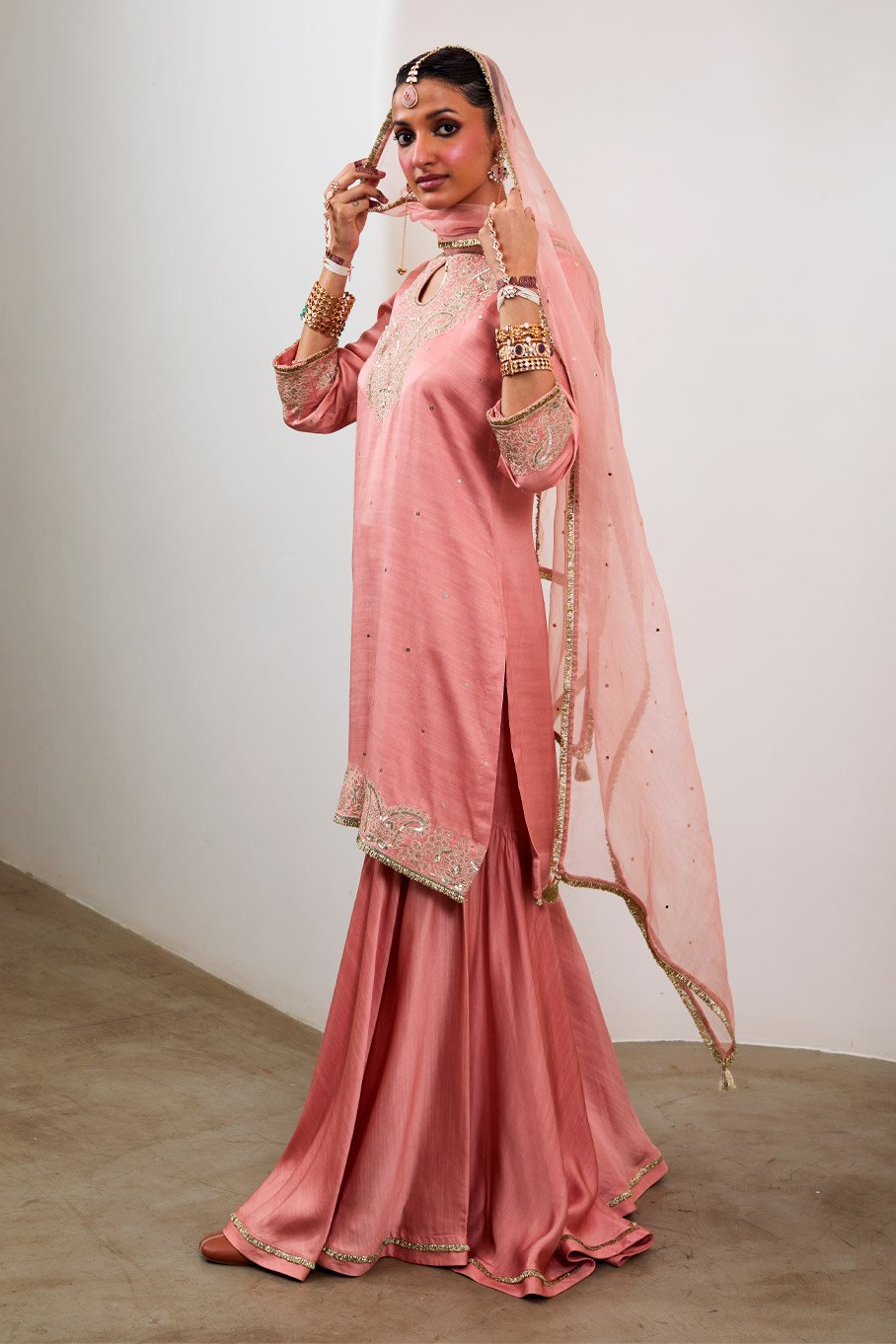Peach Silk Embroidered Short kurti & Garara Pant with Pure Organza Badla Dupatta - Image 7
