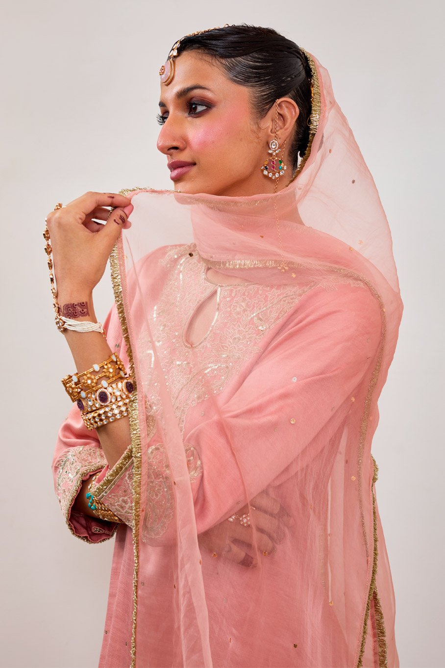 Peach Silk Embroidered Short kurti & Garara Pant with Pure Organza Badla Dupatta - Image 6