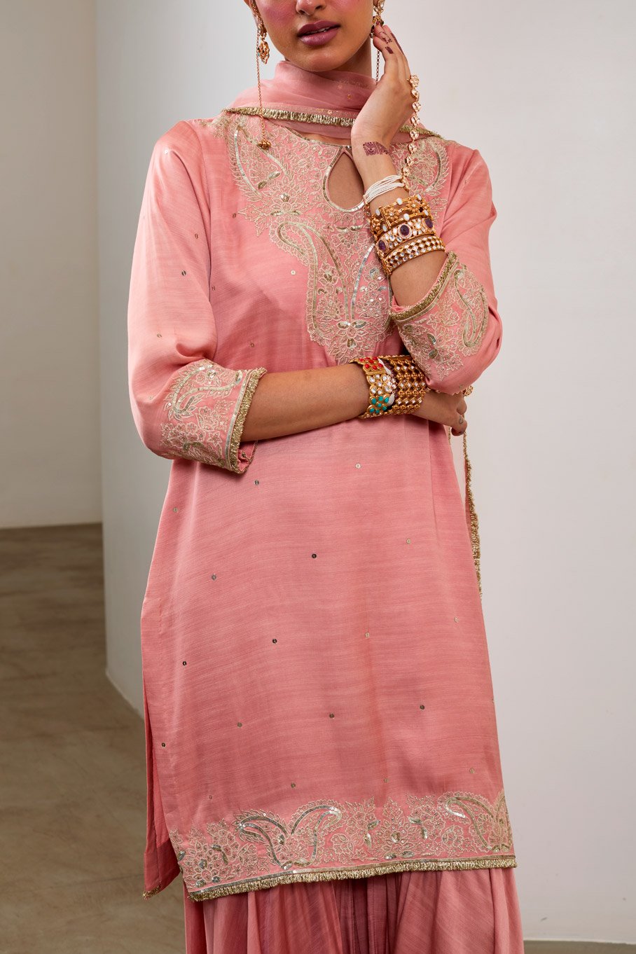 Peach Silk Embroidered Short kurti & Garara Pant with Pure Organza Badla Dupatta - Image 5