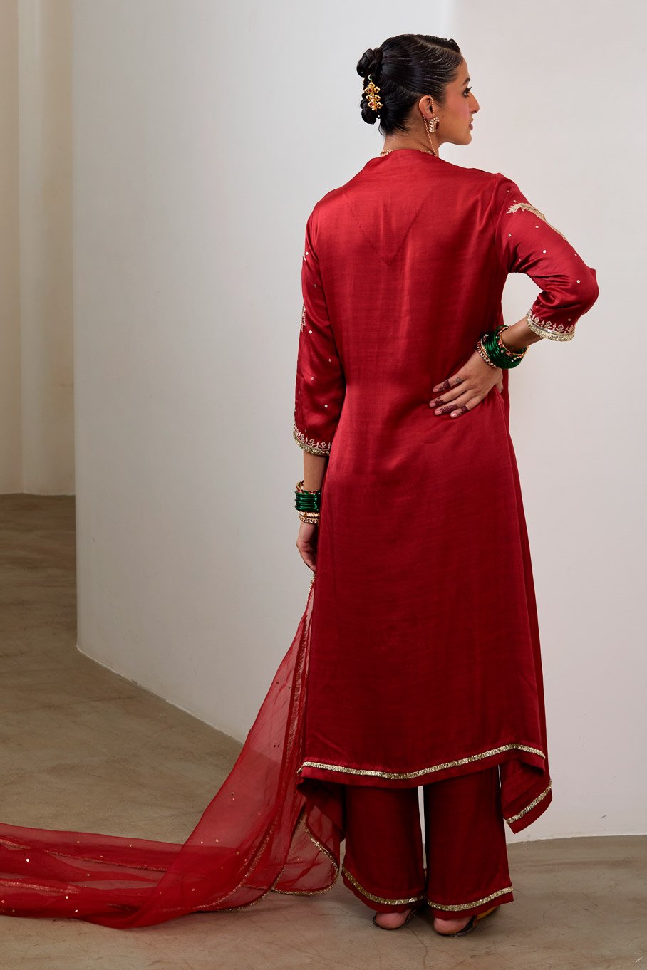 Red Silk Embroidered Asymmetric kurta & Pant paired with Pure Organza Badla Dupatta - Image 2