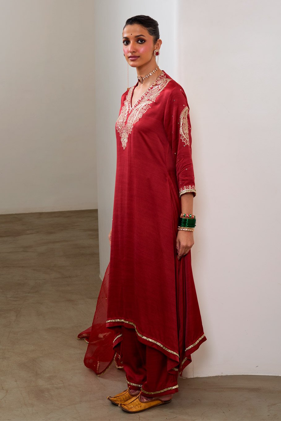 Red Silk Embroidered Asymmetric kurta & Pant paired with Pure Organza Badla Dupatta - Image 9