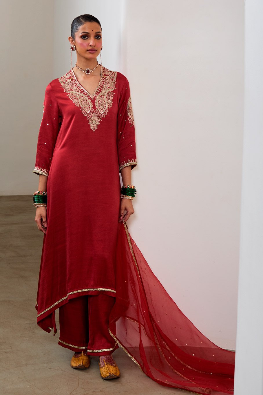 Red Silk Embroidered Asymmetric kurta & Pant paired with Pure Organza Badla Dupatta - Image 8