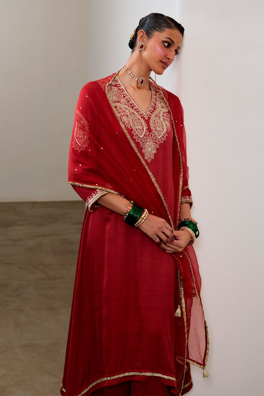 Red Silk Embroidered Asymmetric kurta & Pant paired with Pure Organza Badla Dupatta - Image 7