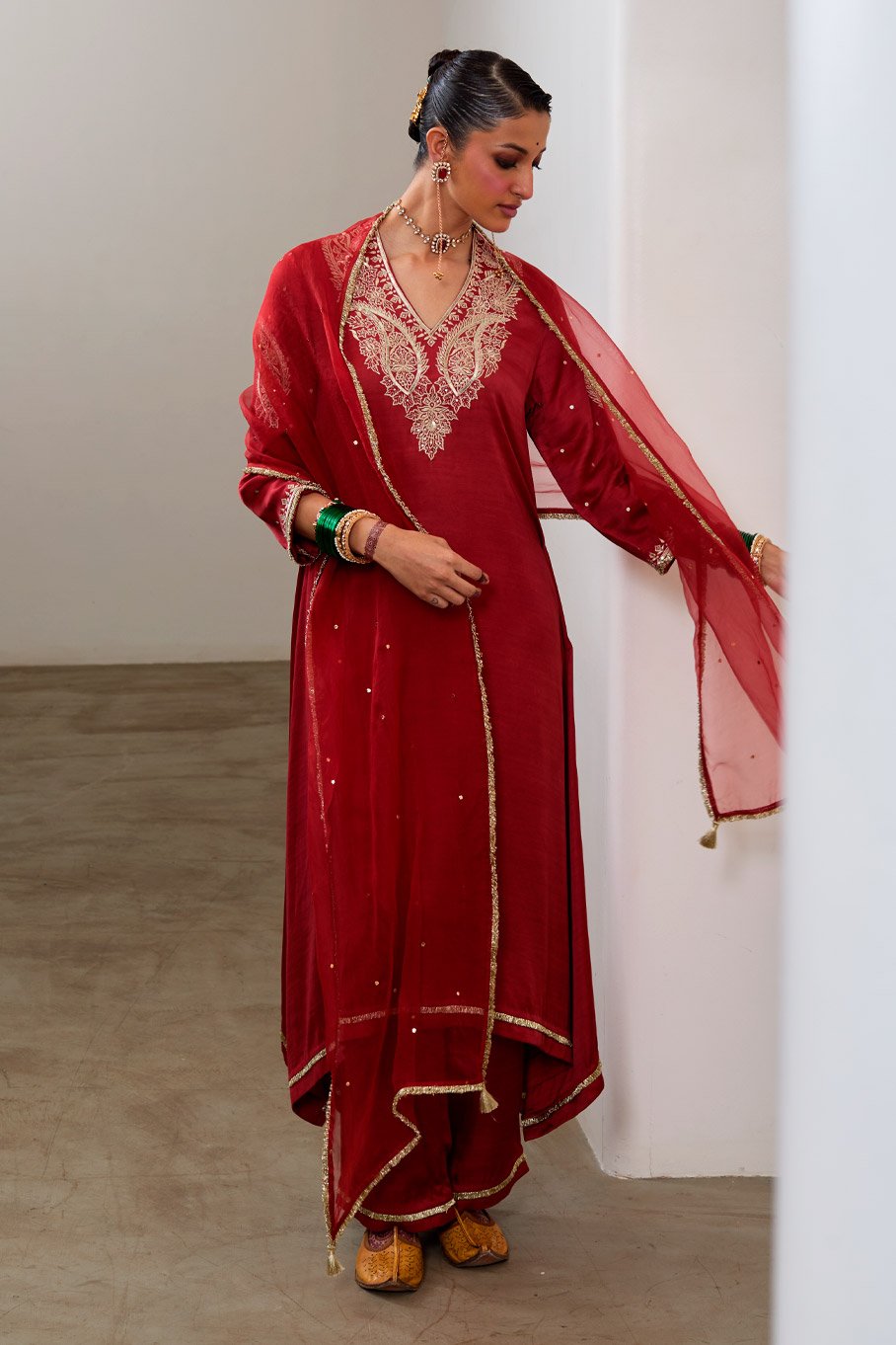 Red Silk Embroidered Asymmetric kurta & Pant paired with Pure Organza Badla Dupatta - Image 6