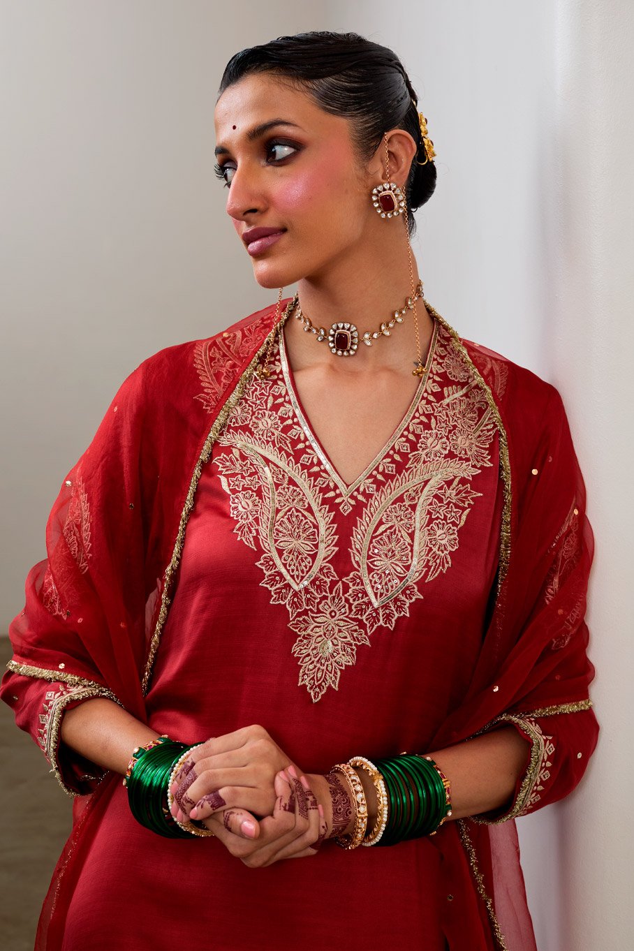 Red Silk Embroidered Asymmetric kurta & Pant paired with Pure Organza Badla Dupatta - Image 5