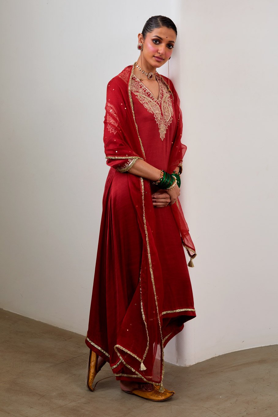 Red Silk Embroidered Asymmetric kurta & Pant paired with Pure Organza Badla Dupatta - Image 3
