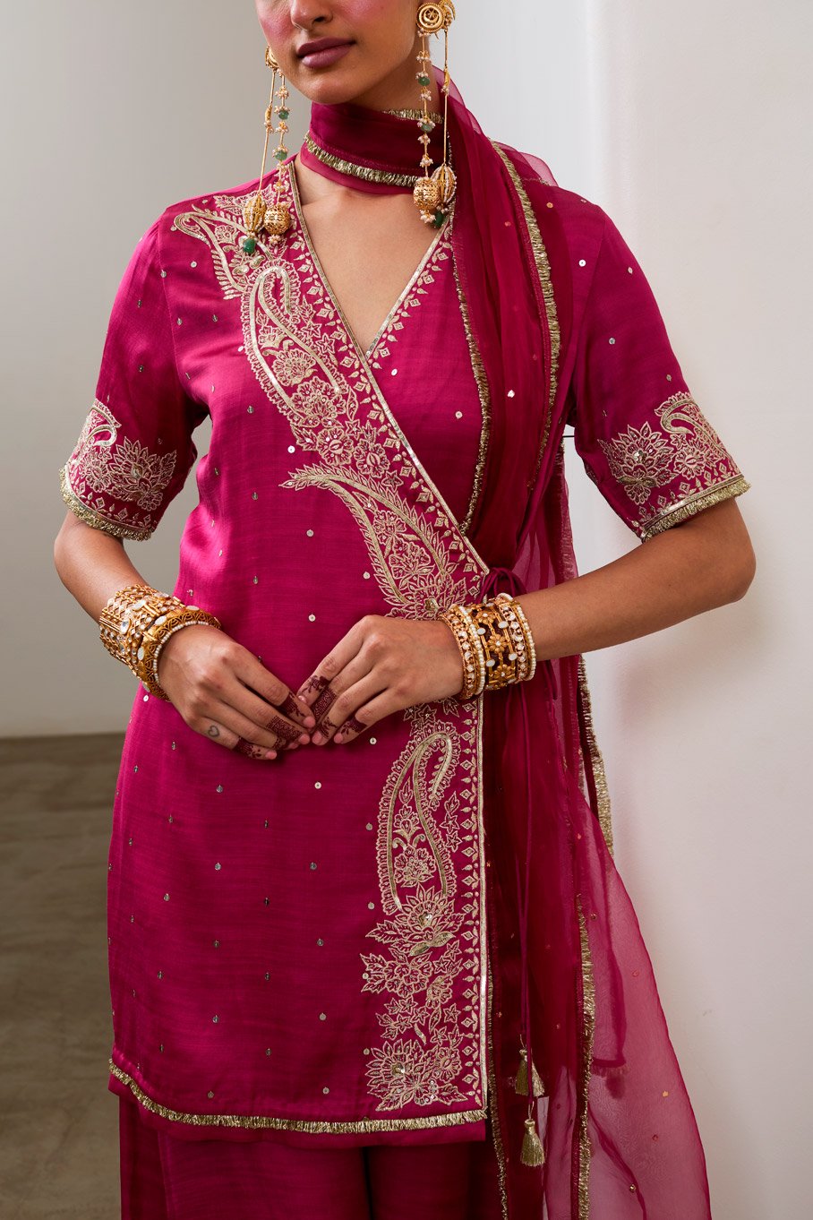 Magenta Silk Embroidered Short Angarkha kurta & Pant with Pure Organza Badla Dupatta - Image 2