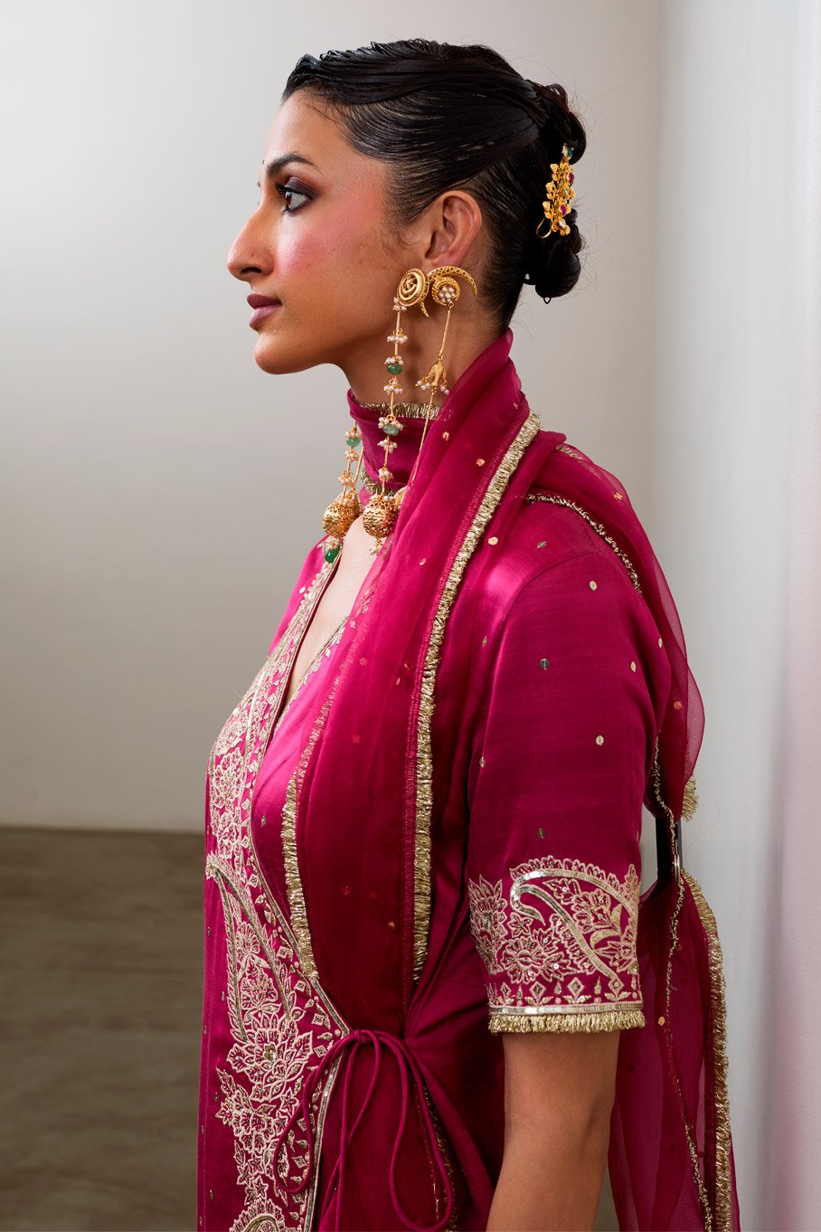 Magenta Silk Embroidered Short Angarkha kurta & Pant with Pure Organza Badla Dupatta - Image 3