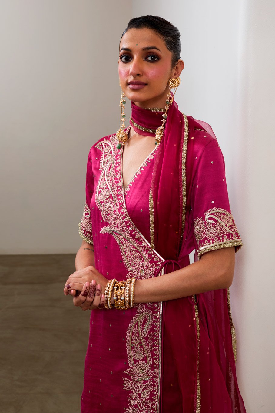 Magenta Silk Embroidered Short Angarkha kurta & Pant with Pure Organza Badla Dupatta - Image 4