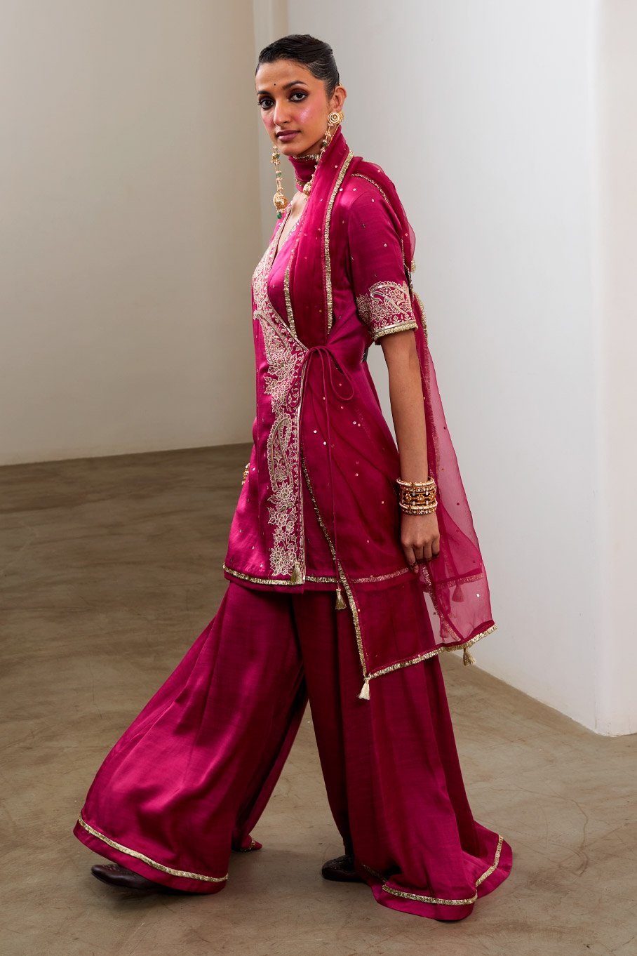 Magenta Silk Embroidered Short Angarkha kurta & Pant with Pure Organza Badla Dupatta - Image 5