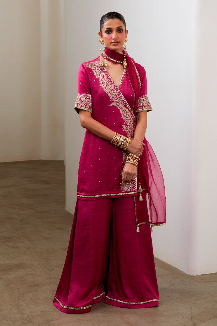 Magenta Silk Embroidered Short Angarkha kurta & Pant with Pure Organza Badla Dupatta - Image 6