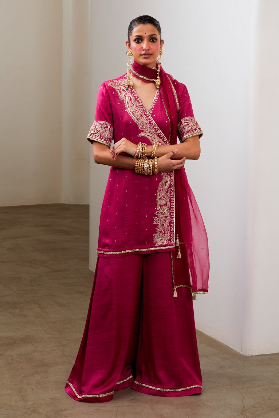 Magenta Silk Embroidered Short Angarkha kurta & Pant with Pure Organza Badla Dupatta - Image 7