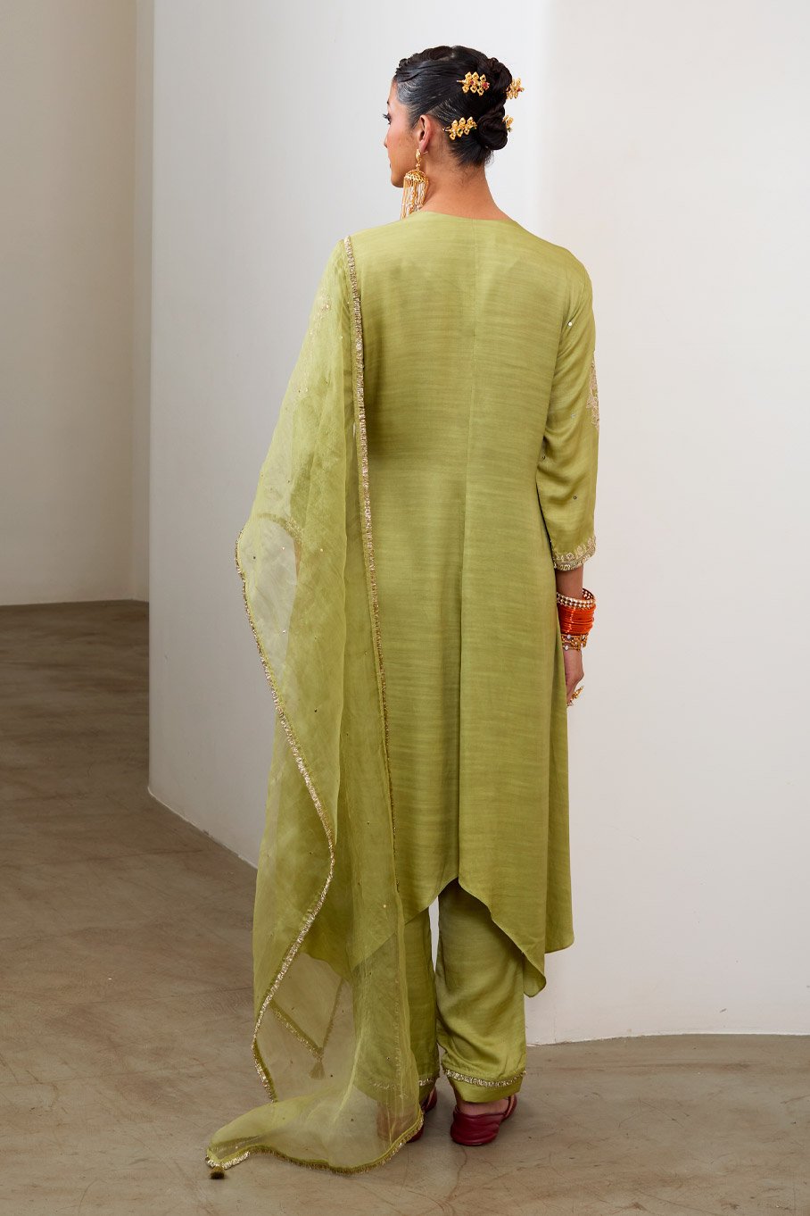 Pista Silk Embroidered Asymmetric Kurta & Pant with Pure Organza Badla Dupatta - Image 2