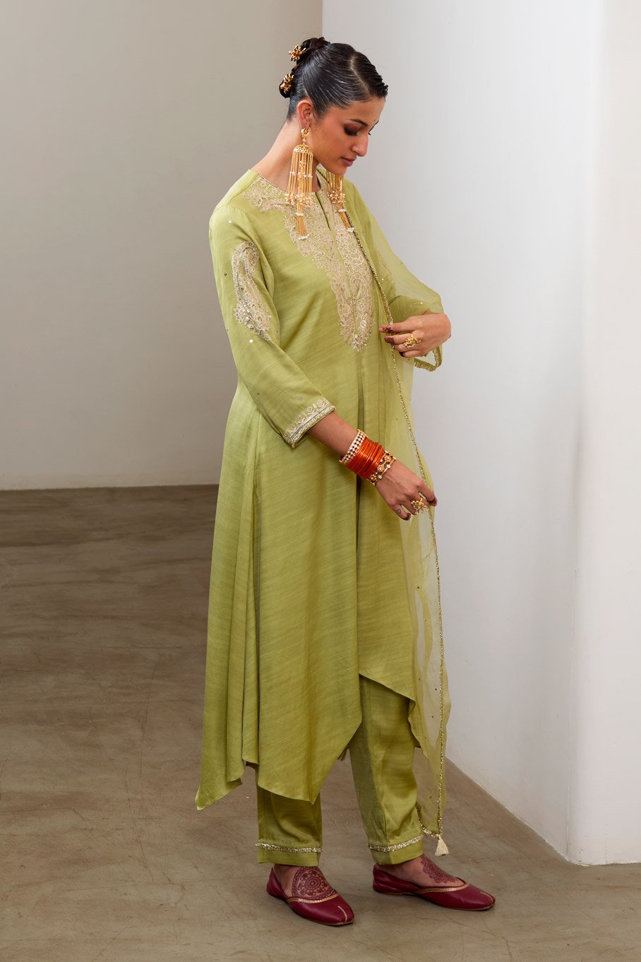 Pista Silk Embroidered Asymmetric Kurta & Pant with Pure Organza Badla Dupatta - Image 7