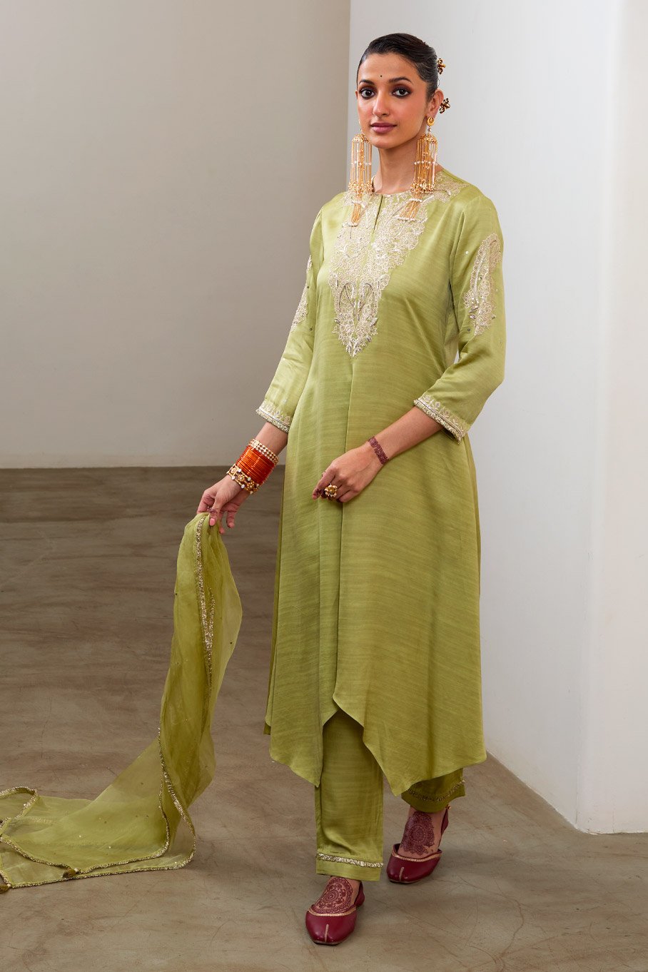 Pista Silk Embroidered Asymmetric Kurta & Pant with Pure Organza Badla Dupatta - Image 6