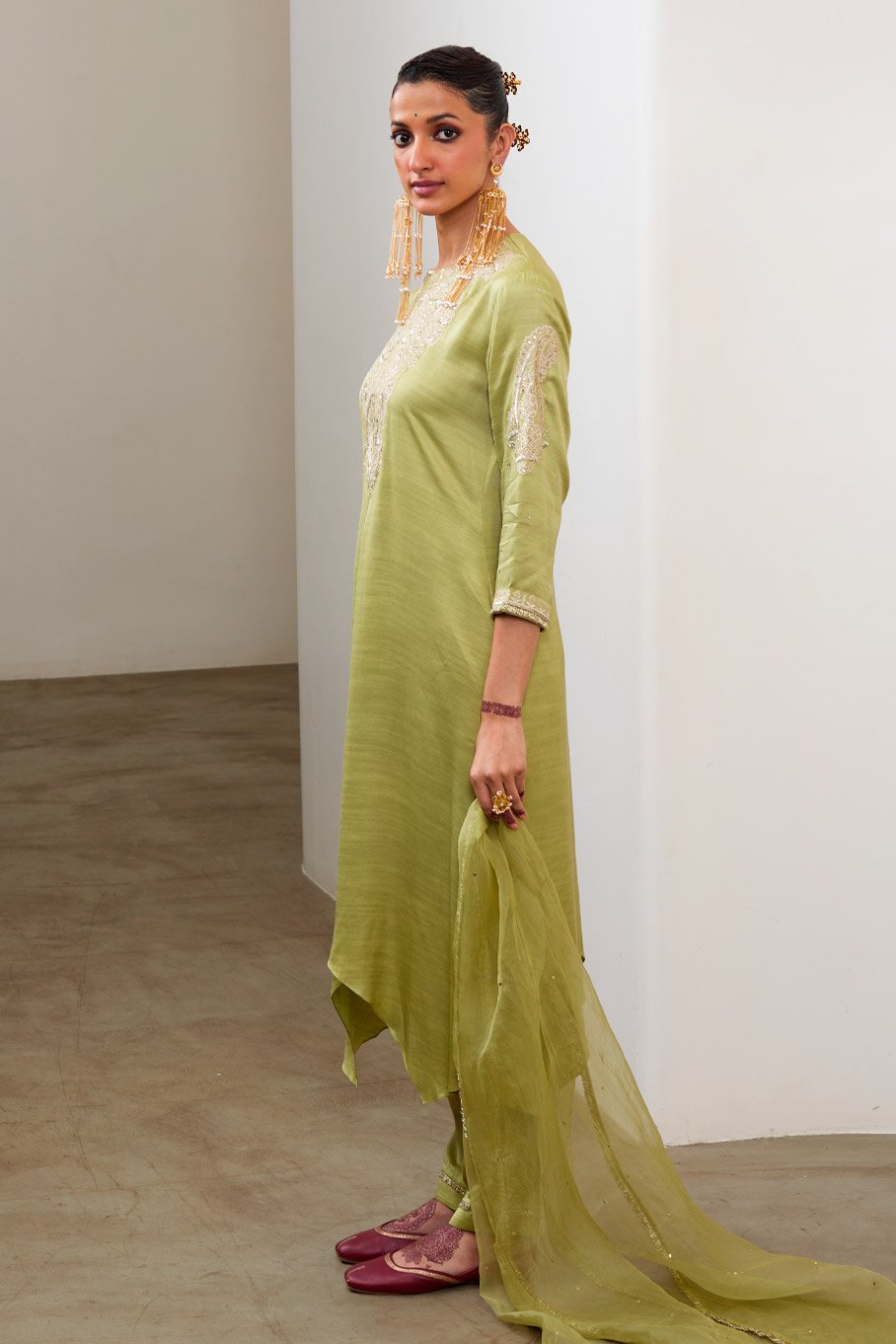 Pista Silk Embroidered Asymmetric Kurta & Pant with Pure Organza Badla Dupatta - Image 5
