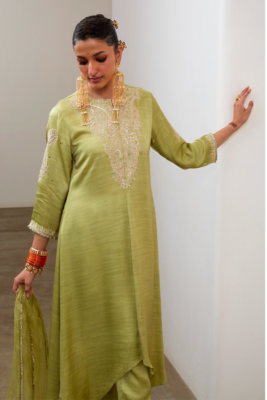 Pista Silk Embroidered Asymmetric Kurta & Pant with Pure Organza Badla Dupatta - Image 4