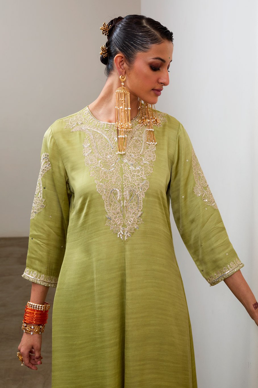 Pista Silk Embroidered Asymmetric Kurta & Pant with Pure Organza Badla Dupatta - Image 3