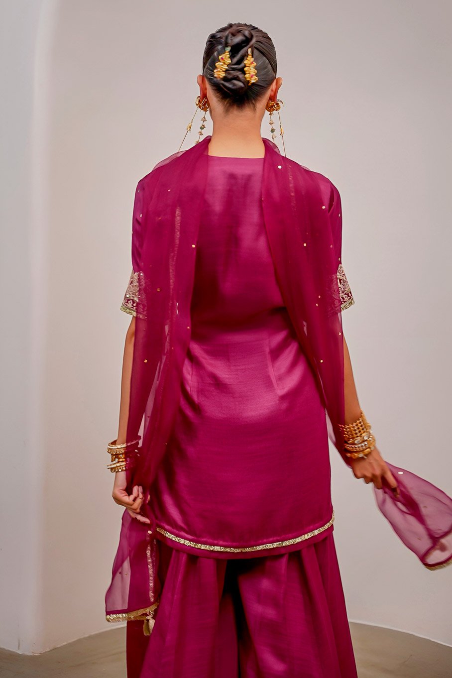 Magenta Silk Embroidered Short Angarkha kurta & Pant with Pure Organza Badla Dupatta - Image 8