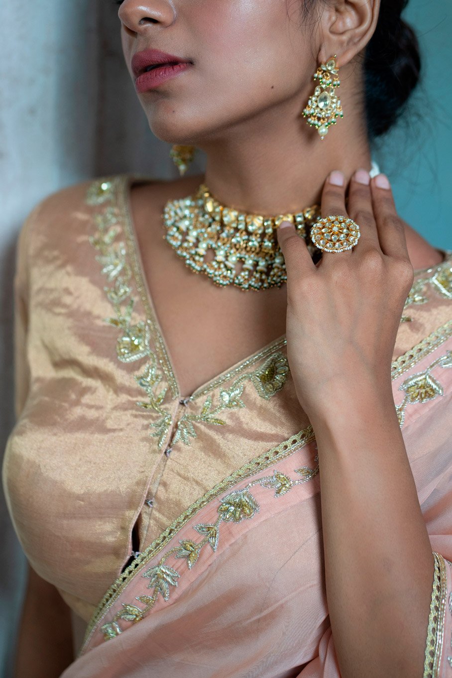 Gold Zari Tissue Embroidered Blouse With Rose Peach Embroidered Saree - Image 3