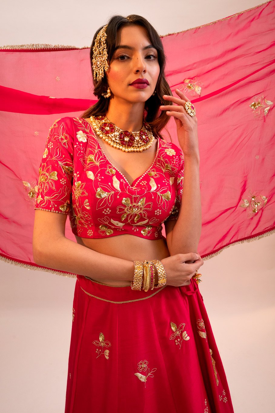 Pink Embroidered Silk Lehanga ,Blouse Paired With Embroidered Organza Dupatta - Image 5